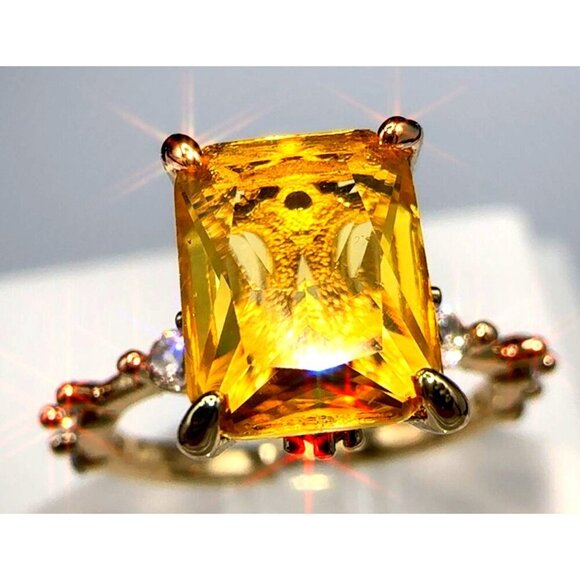 Yellow Radiant Cut Crystal Gemstone Ring With Brass Gold-Plated Band Size 5 - Picture 10 of 14